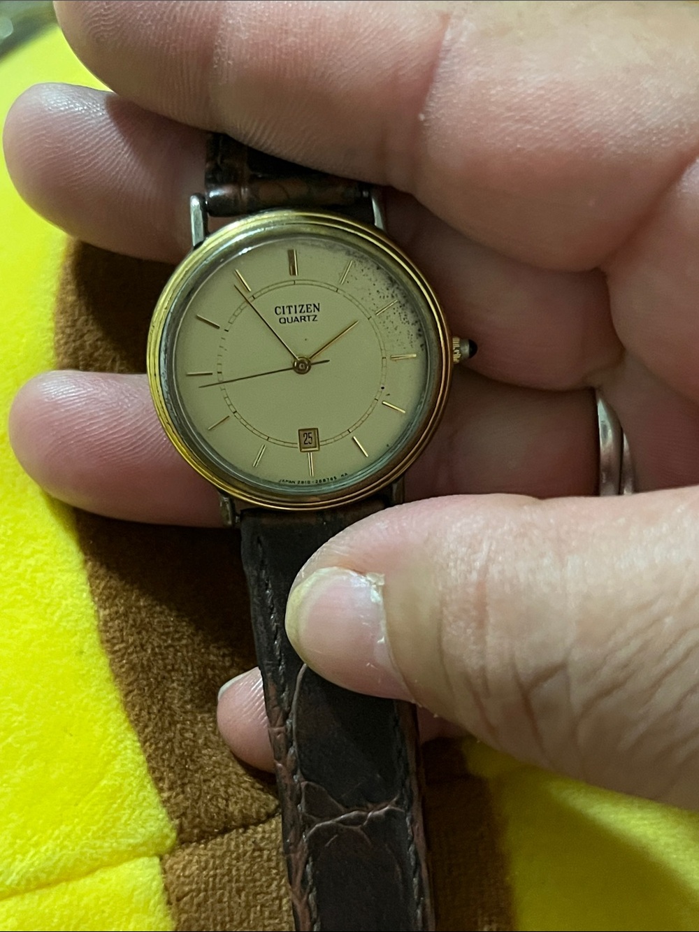 Citizen Men's Quartz Watch Cream Dial Gold-Tone Bezel Brown Leather Strap